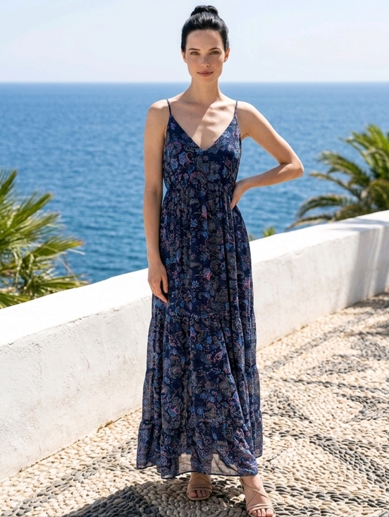 Rhea Fashion Dresses & Skirts - The Rhea Parui Women's Navy Floral Maxi Dress - V-Neck Spaghetti Strap